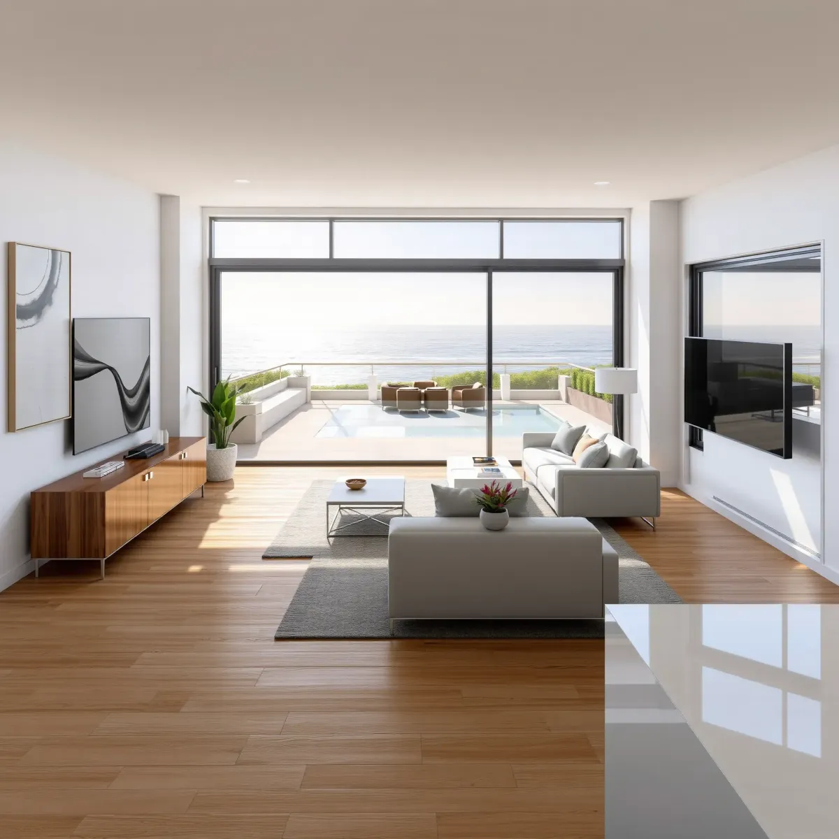 Newport Coast home remodeling with modern facade, glass windows, lush landscaping, and polished stone driveway.