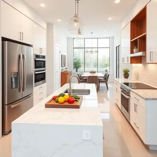Remodeled North Tustin kitchen with white handleless cabinets wooden accents granite countertops subway tile backsplash and built-in appliances