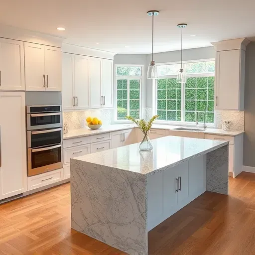 Modern kitchen remodel in Mid-City CA featuring white cabinetry, stainless steel appliances, and granite island with greenery.