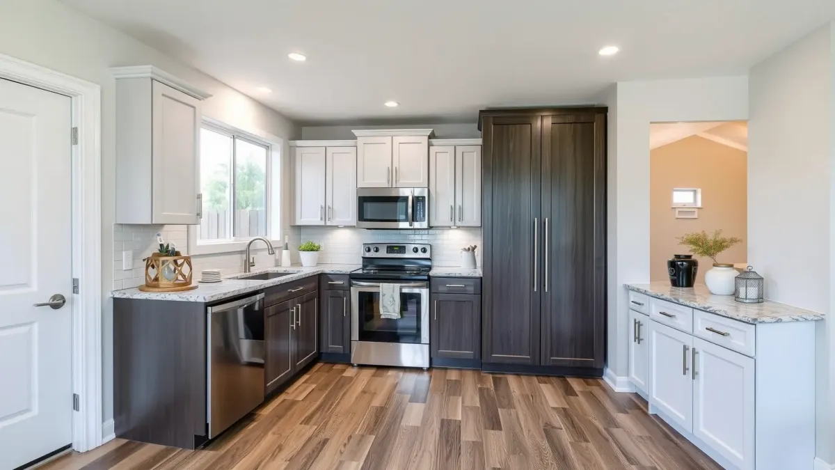Modern Costa Mesa living room with hardwood floors, stone fireplace, large windows, and landscaped backyard with pool.