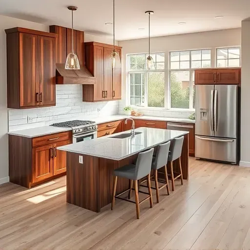 Remodeled kitchen in West Grove Valley CA with walnut cabinetry, quartz countertops, large island, stainless steel appliances.