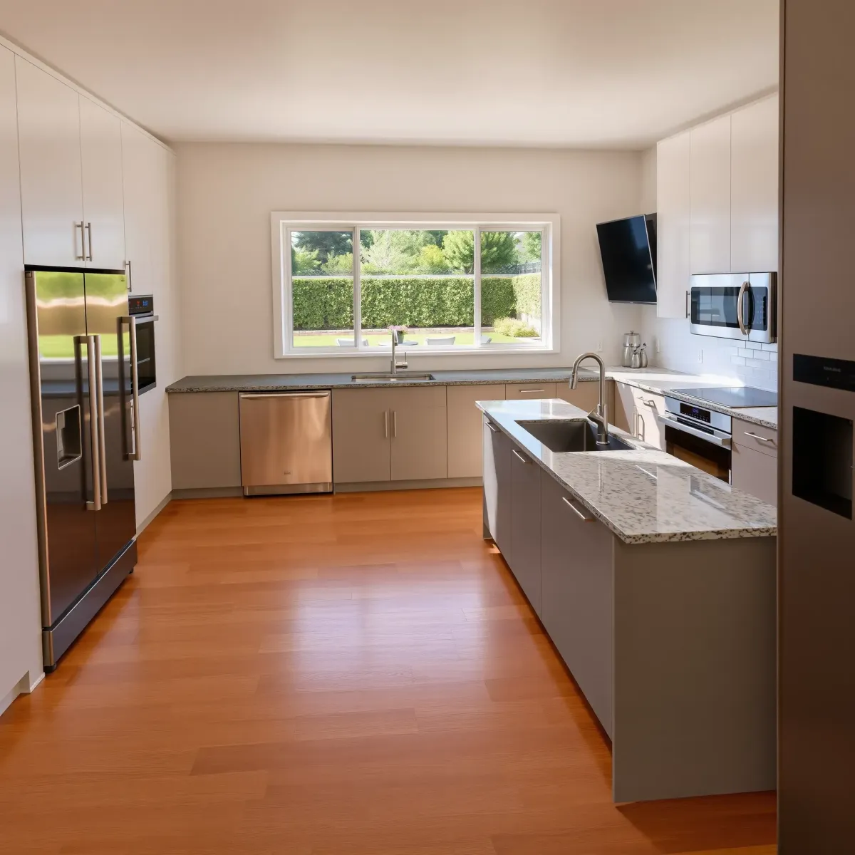 Beautiful modern Riverview East, CA kitchen with quartz countertops, white shaker cabinets, island, farmhouse sink, and lush outside view.