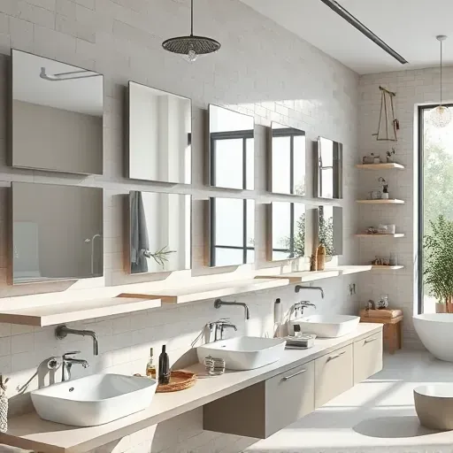 Contemporary bathroom showroom with sleek shelves displaying high-quality modern mirrors in a bright, minimalist setting