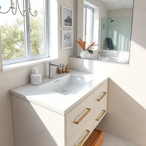 Modern bathroom vanity with marble surfaces chrome fixtures organized toiletries minimalist mirror warm accents bright natural lighting
