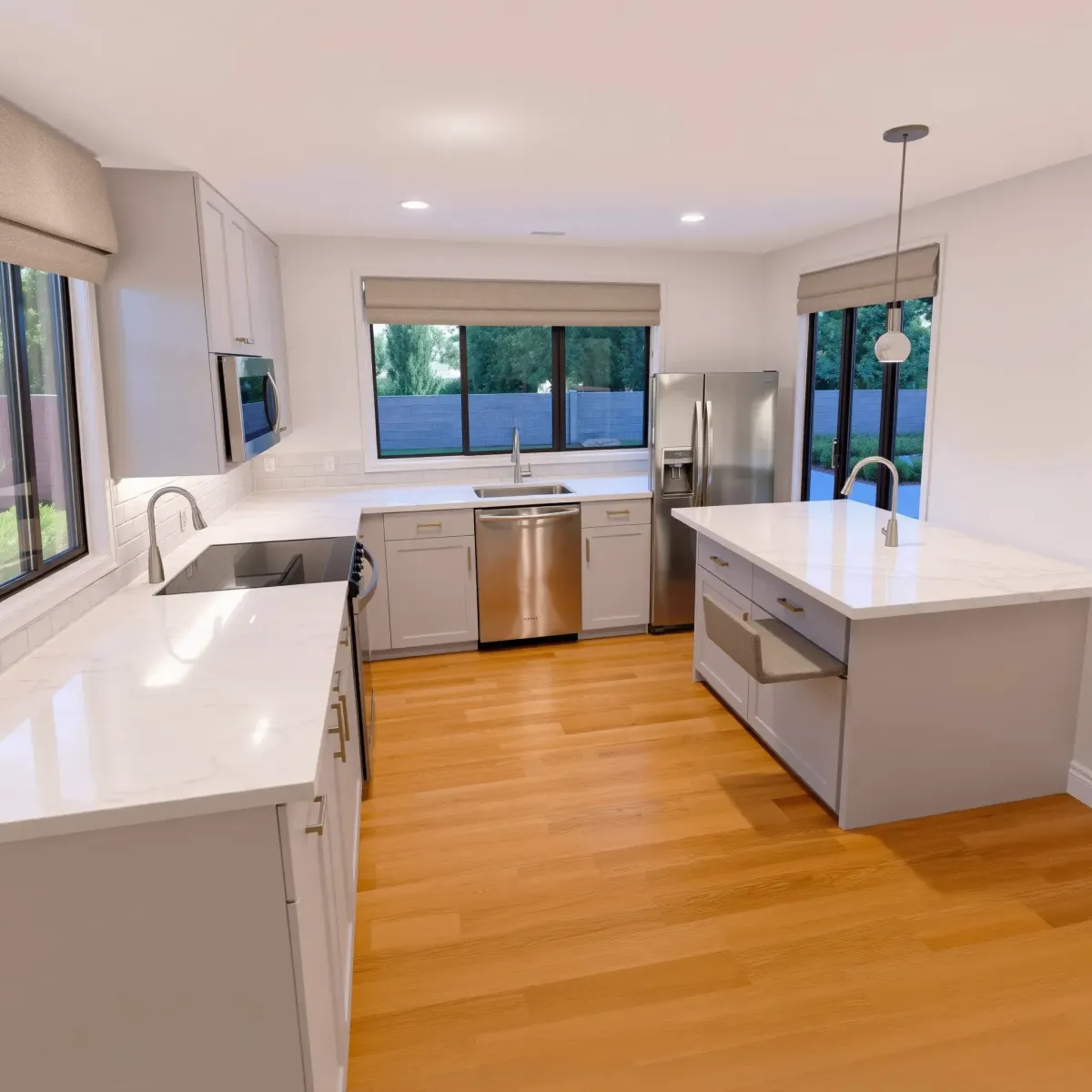 Modern kitchen in Foothill Ranch, CA with white quartz countertops, wooden cabinets, large island, and natural light.