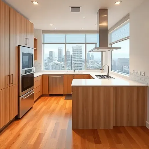 Modern Santa Ana kitchen with white quartz countertops natural wood cabinets stainless steel appliances subway tile backsplash hardwood floors and downtown skyline view