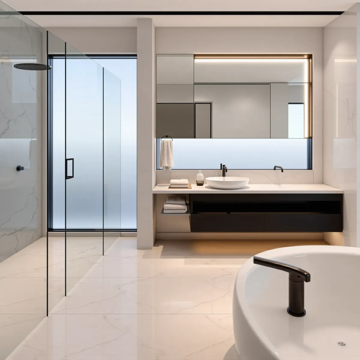 Luxurious renovated LA bathroom featuring a walk-in shower, marble tiles, matte black fixtures, and city skyline views.