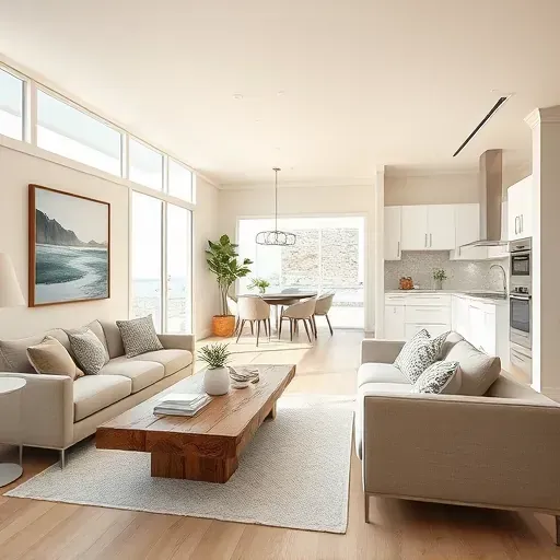 Modern living room in Dana Point CA with large windows, neutral sofa, reclaimed wood table, and coastal decor.