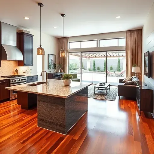Modern open-concept kitchen and living area remodel in Irvine, CA with granite countertops and ambient lighting.