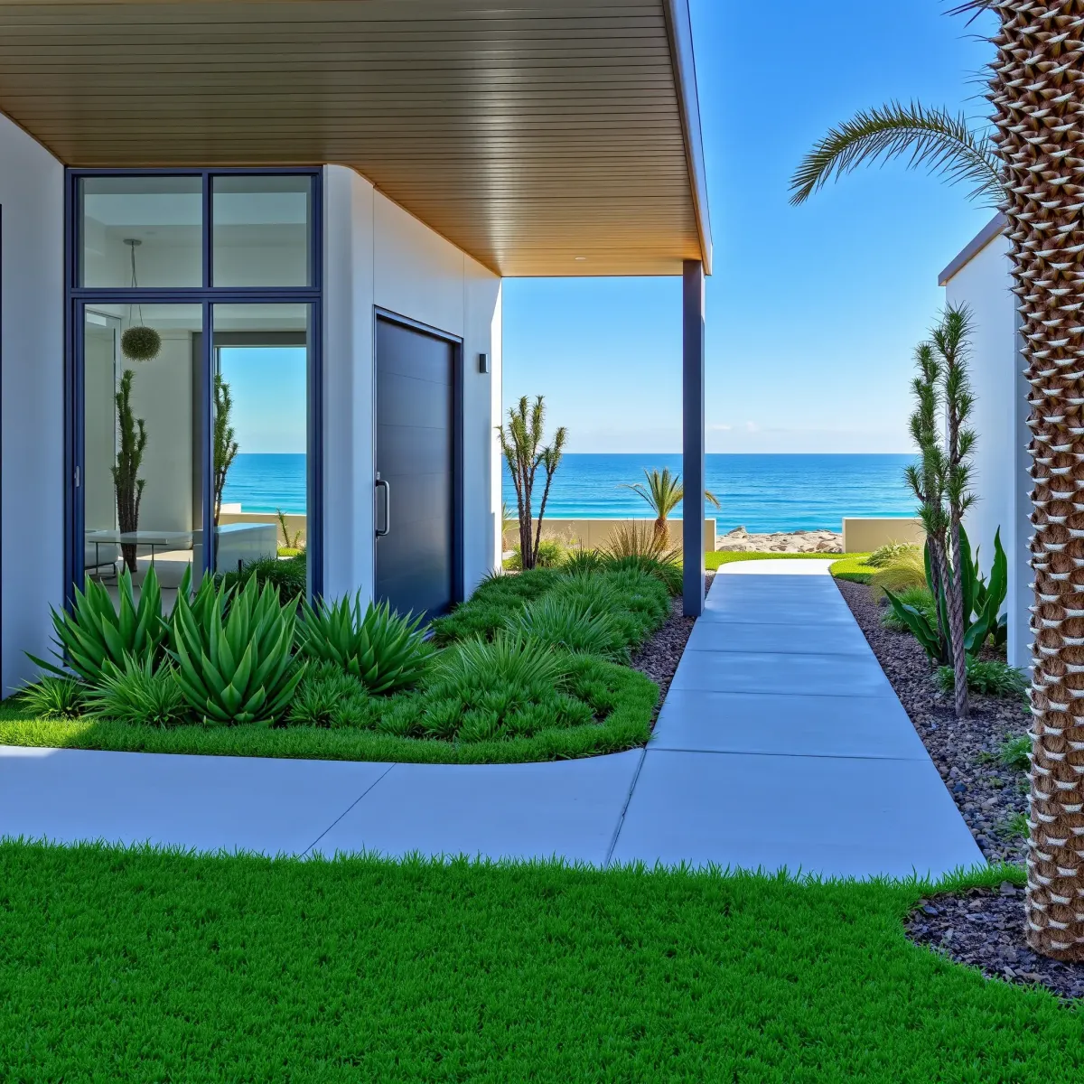 Modern Laguna Beach home with ocean views, sleek exterior, landscaped yard, and coastal design details.