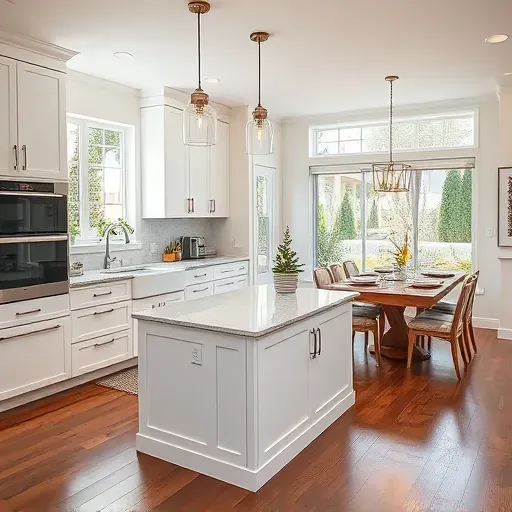 modern kitchen remodel in Portola Springs with white cabinetry, granite island, and stylish dining area design