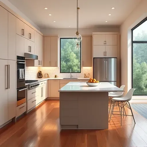 Remodeled Riverview East CA modern kitchen with matte cabinetry, quartz island, stainless appliances, subway backsplash, and scenic views