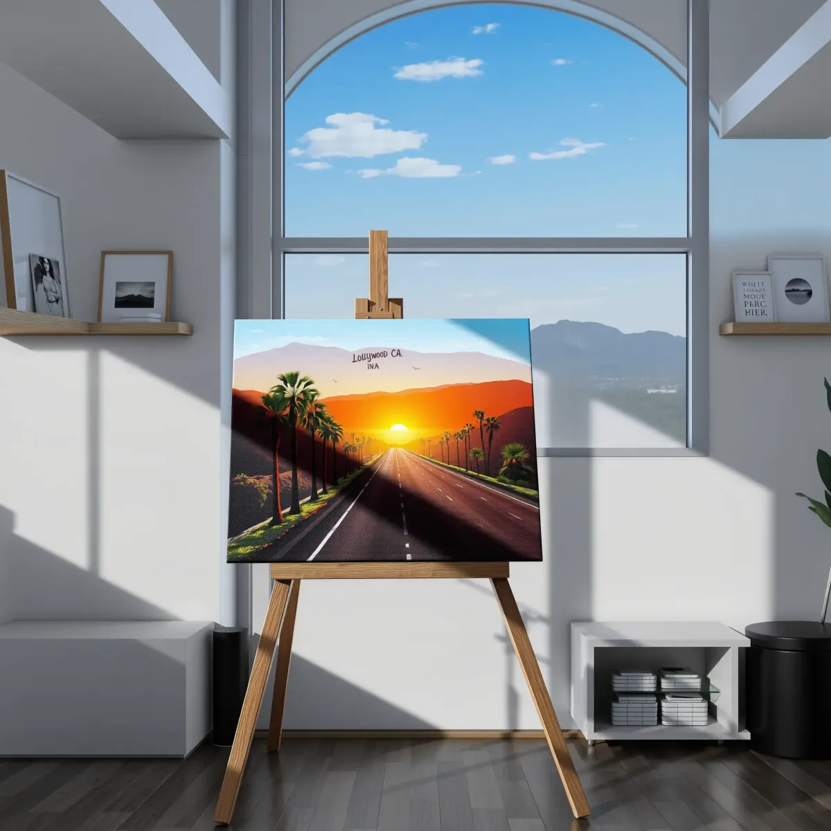 Completed LA landscape painting with Hollywood Sign, palm trees, skyline, and sunlit street in a modern art studio.