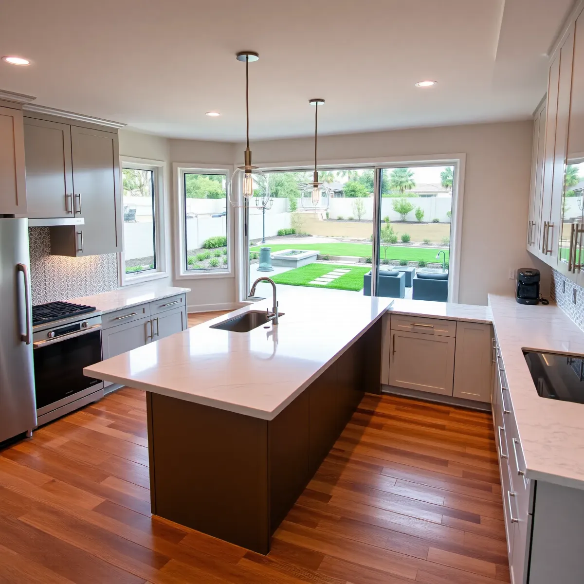Remodeled Riverview East home with modern exterior, lush landscaping, spacious interior, and neighborhood views under clear skies.