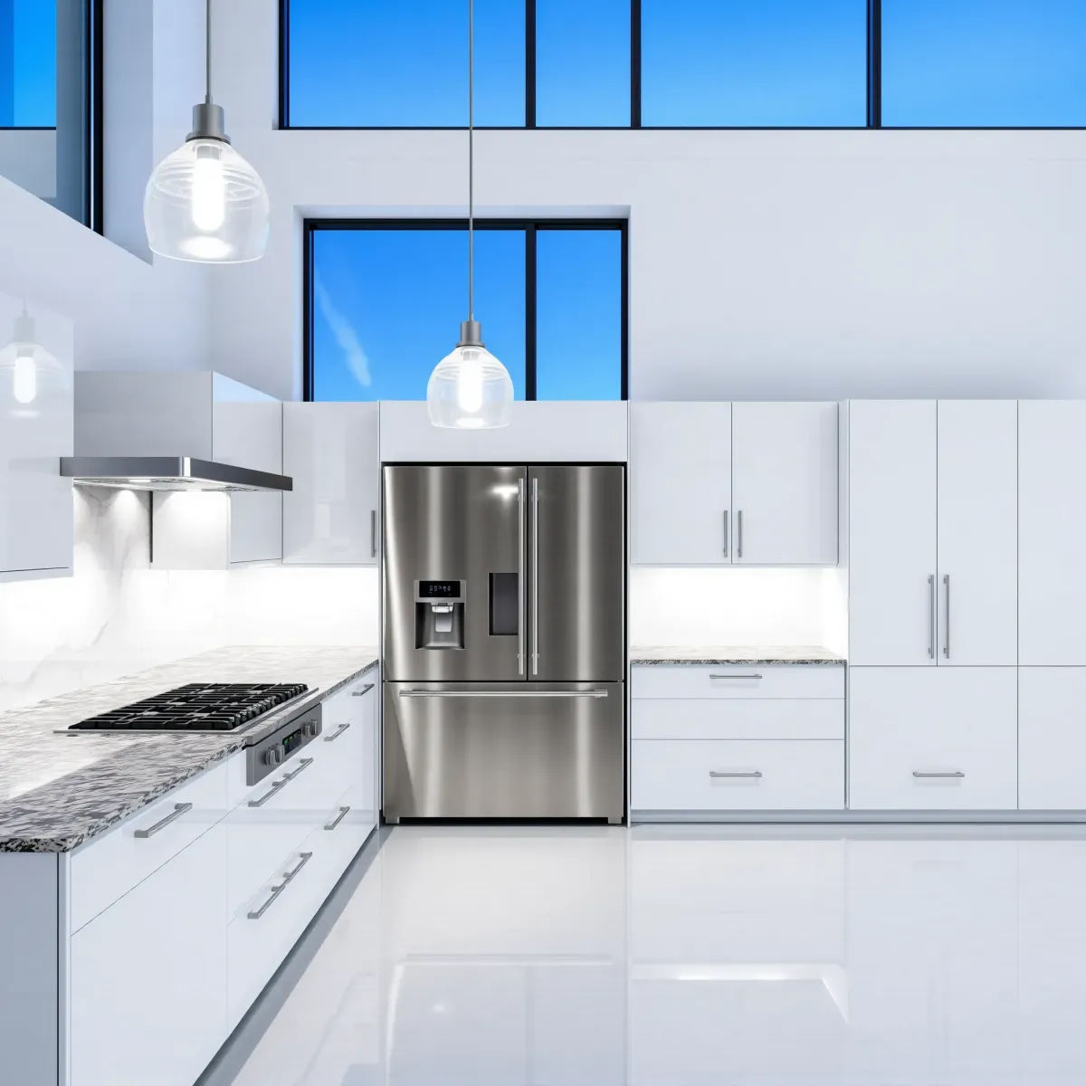 Modern Los Angeles kitchen with white cabinets, stainless steel appliances, granite island, and scenic skyline view.