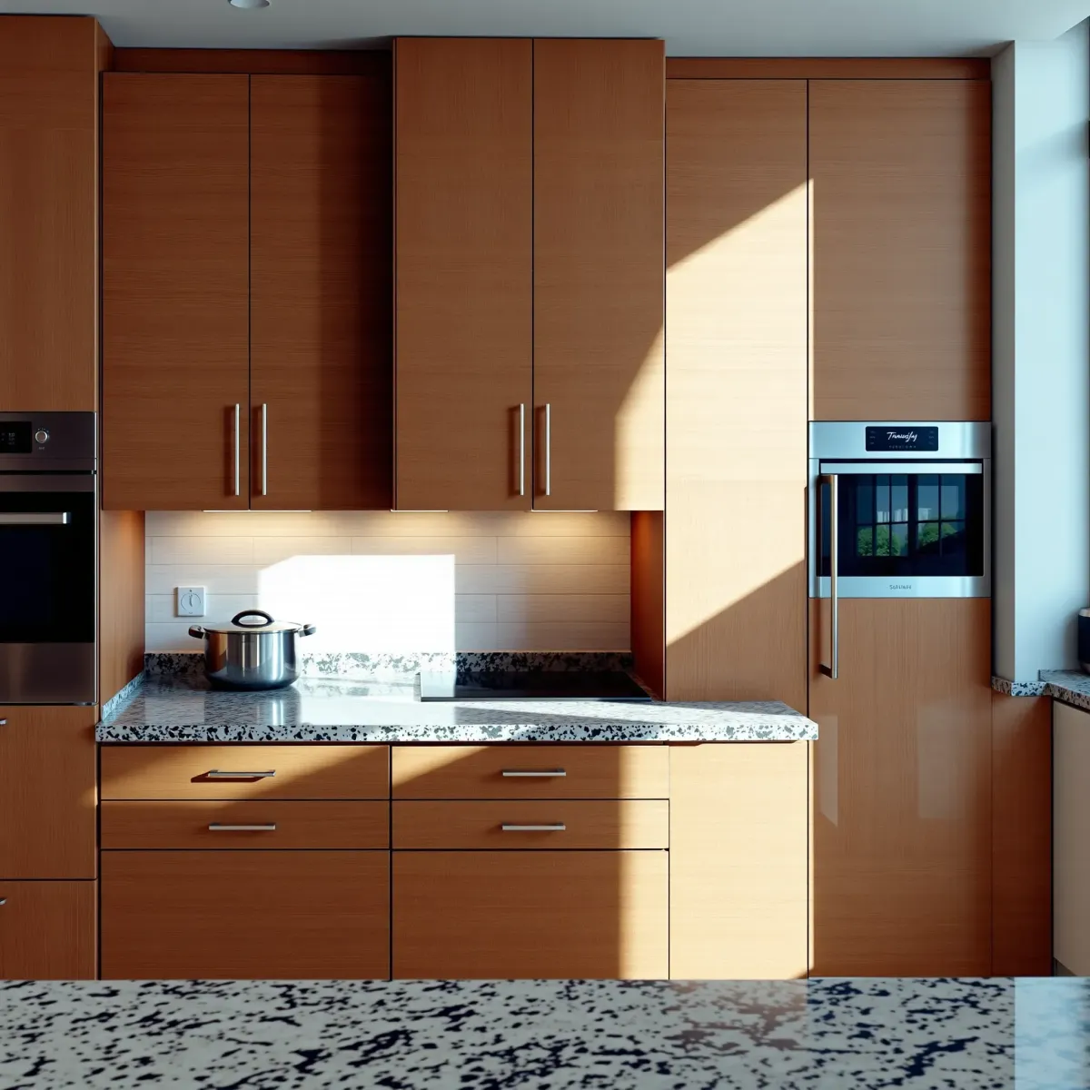High-quality custom kitchen cabinets with smooth wood grain, elegant hardware, in a modern LA kitchen with granite counters and stainless appliances.