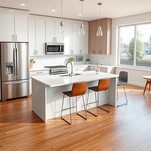 Modern renovated Tustin kitchen with sleek cabinets quartz countertops stainless steel appliances hardwood floors and natural light
