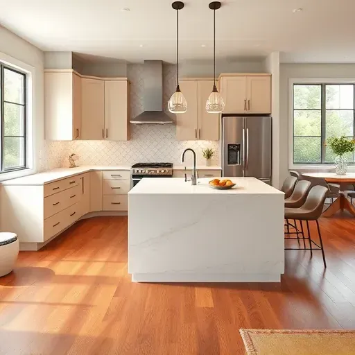 Recently remodeled modern kitchen in Floral Park CA with matte cabinetry quartz island subway backsplash hardwood floors natural light