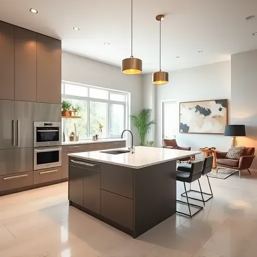 Renovated modern Bristol Manor kitchen with sleek matte cabinets stainless steel appliances granite island LED lighting and natural sunlight