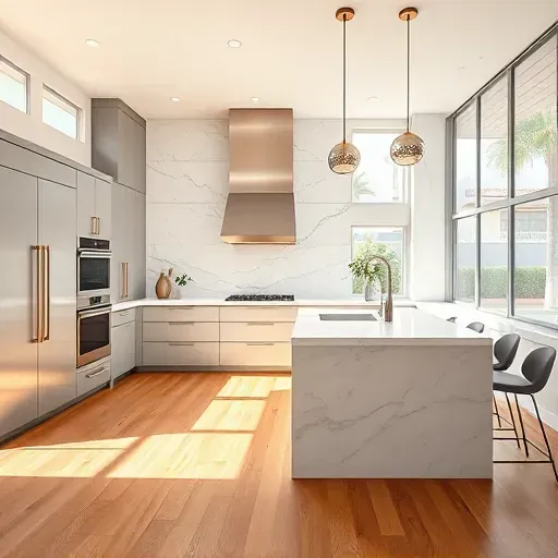 A modern Los Angeles kitchen features sleek cabinetry, quartz countertops, stainless steel appliances, and natural light.