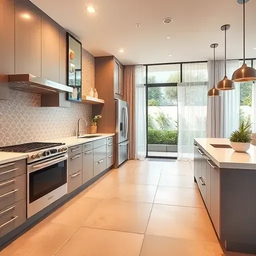 Modern renovated Mid-City California kitchen with stainless appliances, quartz countertops, geometric backsplash, and garden view