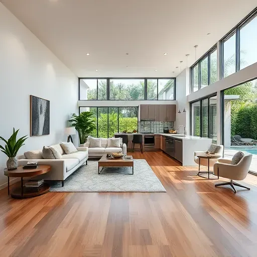 Modern open-concept living area in Jupiter FL with hardwood floors, stylish decor, and tropical views.