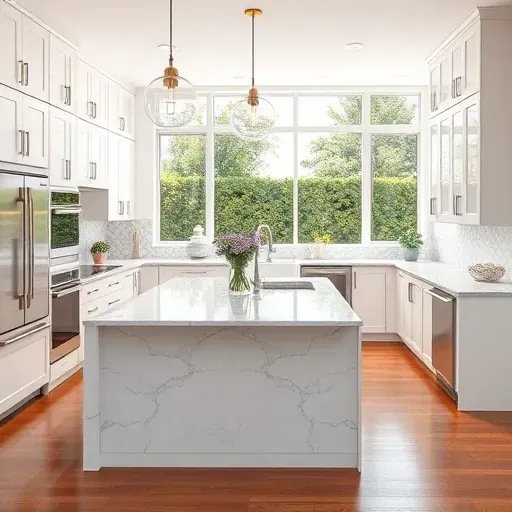 Remodeled Bristol Manor kitchen with white cabinets stainless steel appliances marble countertops and large windows