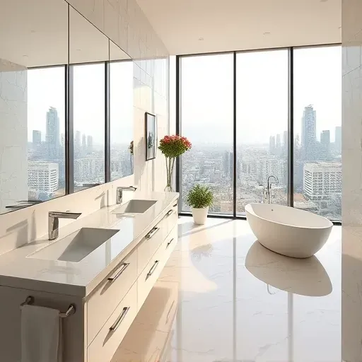 Modern upscale Los Angeles bathroom with large mirrors, polished marble, chrome fixtures, and skyline view