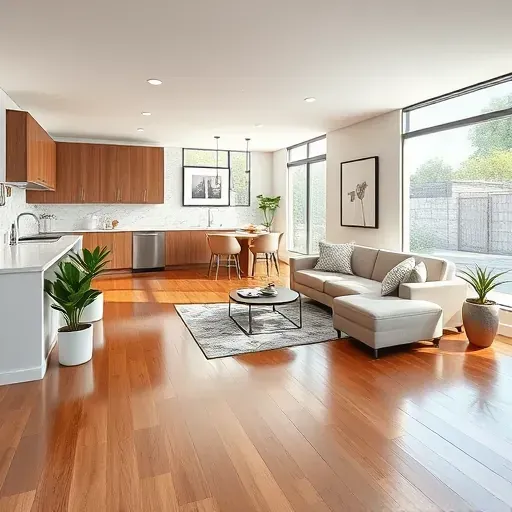 Modern open-concept living space in MainPlace CA with sleek finishes, quartz kitchen, and inviting decor.