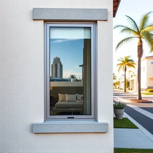 Newly installed modern energy-efficient window in LA home reflecting sky and palm trees, with sleek design and professional craftsmanship