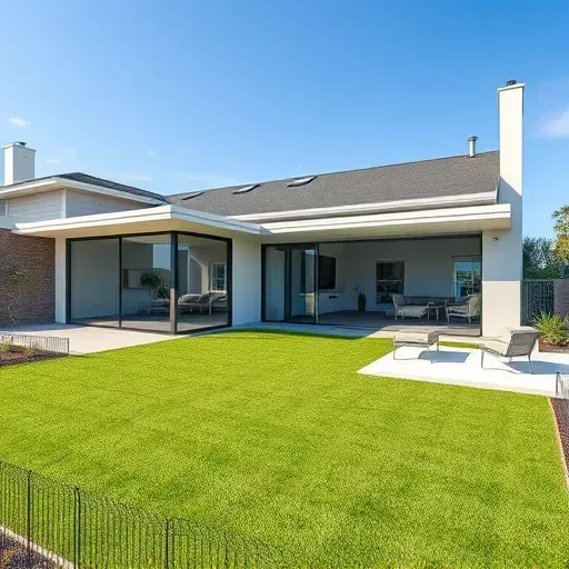 Modern Los Angeles home addition with large windows, landscaped backyard, patio, and stylish outdoor furniture under clear blue skies