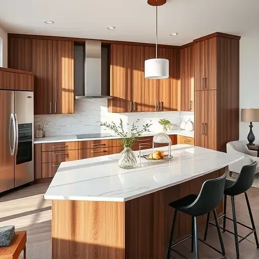Modern kitchen remodel in Floral Park CA featuring walnut cabinetry, quartz countertops, stainless steel appliances, and stylish decor.