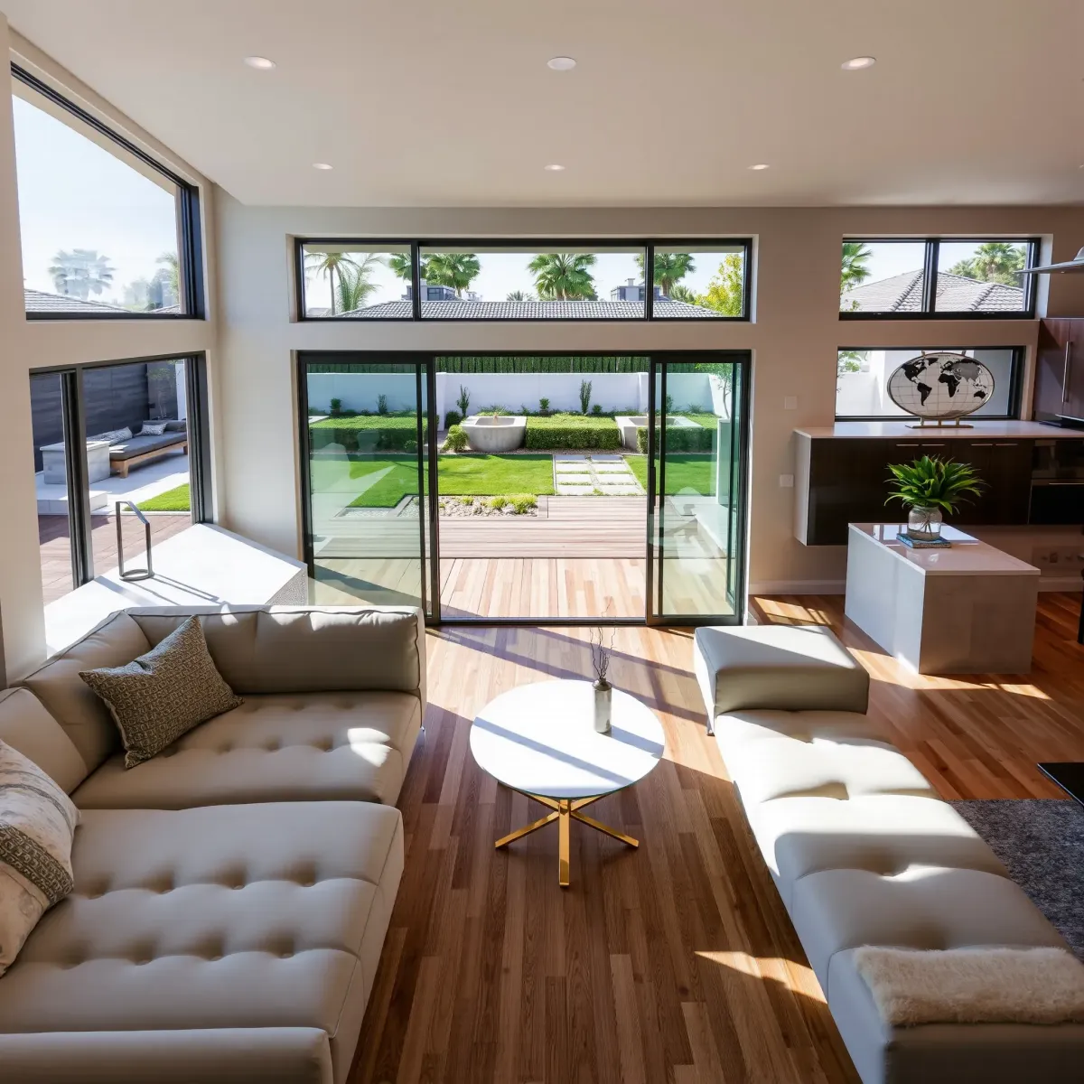 Renovated Fountain Valley home interior with large windows, hardwood floors, modern furnishings, and sleek kitchen design.