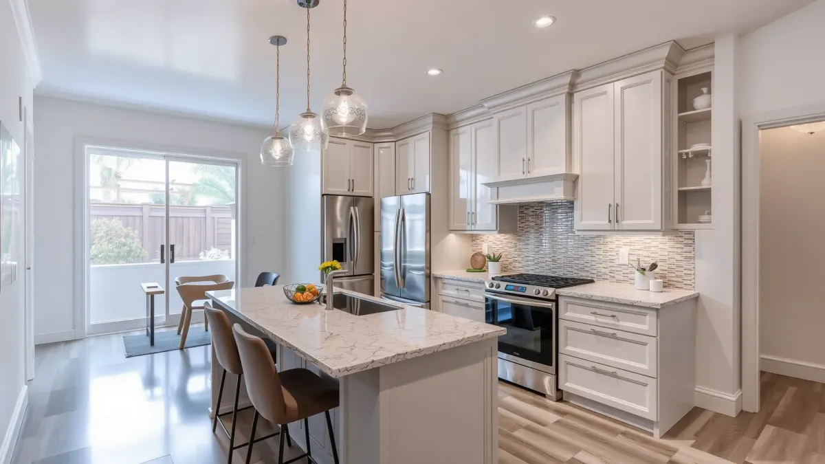 Modern Newport Coast kitchen with quartz island, stainless appliances, natural wood cabinets, and ocean views.