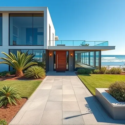 Completed Newport Beach remodeling showcasing a modern home with glass windows and landscaped yard by the beach.