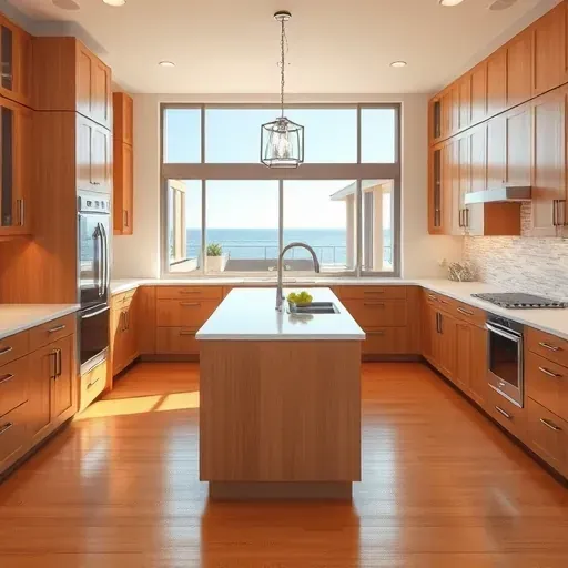 Beautiful renovated Dana Point kitchen featuring warm wood cabinets quartz countertops modern island coastal outdoor view natural light hardwood floors