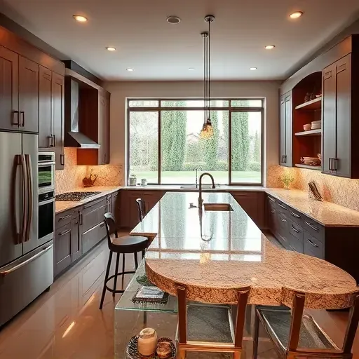 Modern kitchen remodel in Northwood CA featuring granite countertops, high-end appliances, and elegant bar stools.