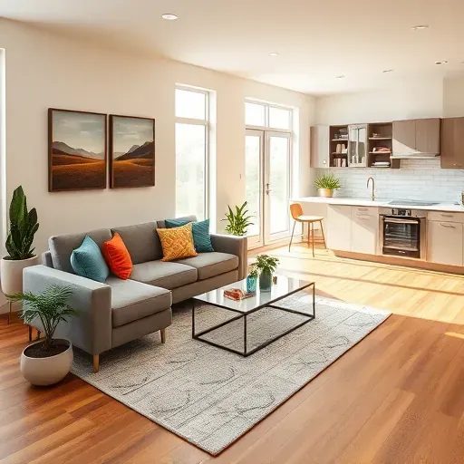 Remodeled living room in Riverview East, CA with modern furniture, natural light, and organized decor.