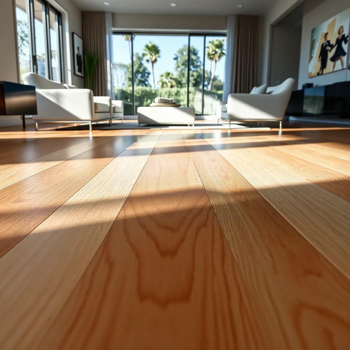 Freshly installed glossy hardwood flooring in a modern LA home, reflecting natural sunlight in an elegant, open-plan space.