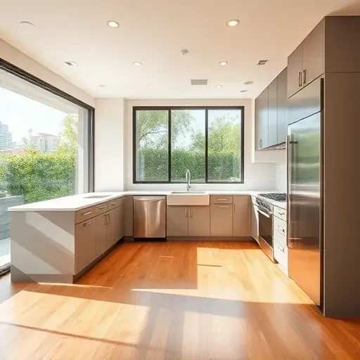 Beautiful modern Los Angeles kitchen with sleek cabinets, quartz countertops, stainless steel appliances, hardwood floors, and garden views