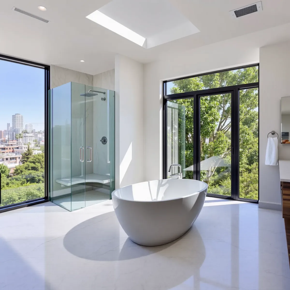 Modern Los Angeles bathroom with a walk-in shower, freestanding bathtub, marble floors, large windows, and elegant design.