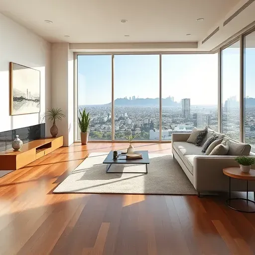 Modern Los Angeles living room with hardwood floors, contemporary furniture, floor-to-ceiling windows, city skyline view, and natural sunlight