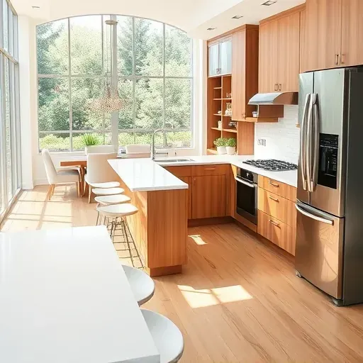 Modern remodeled Westminster CA kitchen with quartz counters, chrome fixtures, custom wood cabinets, and sunlight streaming through large windows