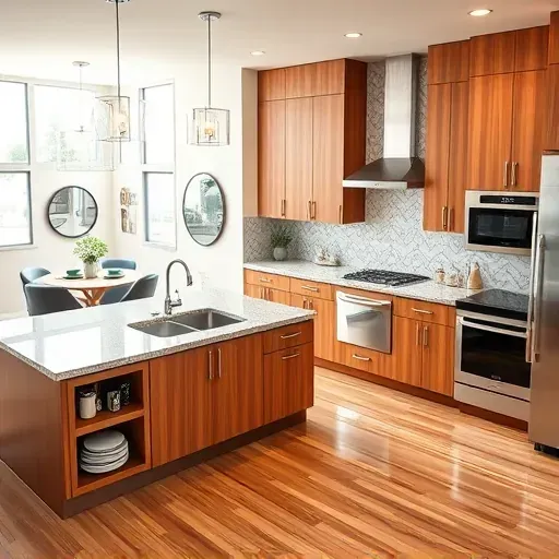 Freshly remodeled kitchen in East Garden Grove CA, featuring modern cabinetry, granite island, and stylish lighting.