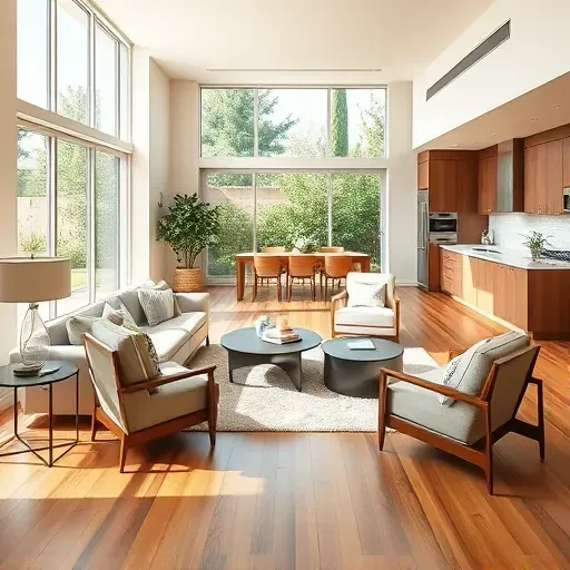 Modern remodeled living room in MainPlace, CA with warm wood flooring, neutral walls, and chic furniture.