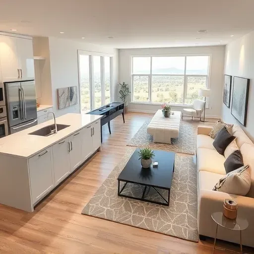 Modern kitchen and living area in Foothill Ranch with white cabinetry, quartz island, large windows, and serene landscape.