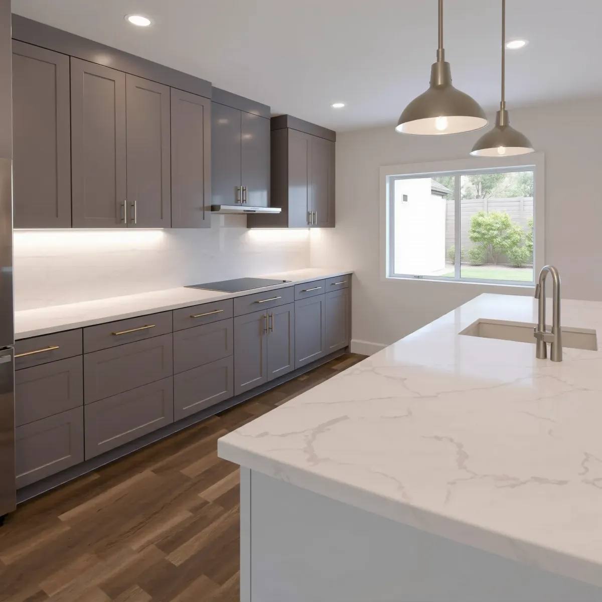 Remodeled Lacy, CA kitchen with granite countertops, stainless steel appliances, white cabinetry, wooden island, and lush outdoor views.