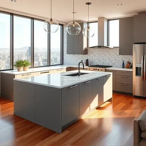 Modern Los Angeles kitchen with sleek cabinetry quartz island stainless appliances geometric backsplash hardwood floors and city views