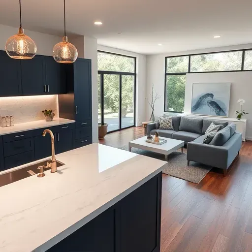 Modern kitchen and living area in Westside CA showcasing navy blue cabinetry, white quartz countertops, and open floor plan.