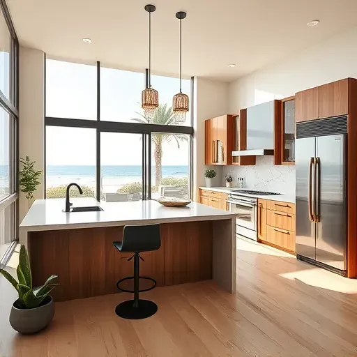 Remodeled Dana Point kitchen with ocean view, quartz countertops, matte black fixtures, wood cabinets, and coastal decor